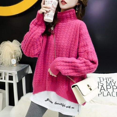 Autumn Winter Thick Half Turtleneck Knitted Sweater Women Loose Solid Pullover Jumper Ladies Korean High Collar Knitwear Female