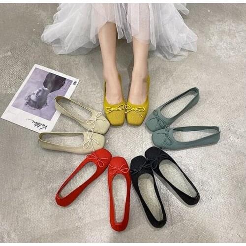 Women Bowknot Slip on Loafers Ballerina Patchwork Flats Square Toe Shallow Ballet Flats Shoes Knitting Casual Flat Shoes