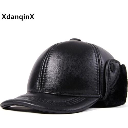 XdanqinX Winter Mens Cap Natural Genuine Leather Hat Plus Velvet Warm Baseball Caps Cowhide Leather Cap Thermal Earmuffs Hats