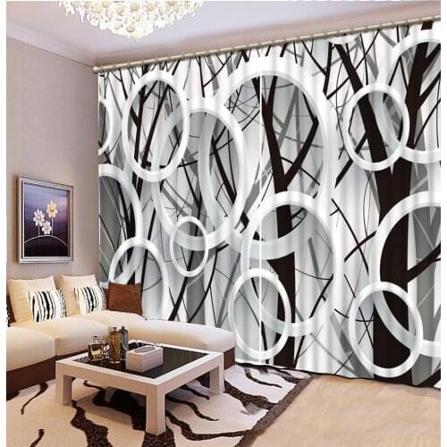 Modern style 3D branches circle Window Curtain black and white 3D Blackout Curtain For Living Room 3D Curtains