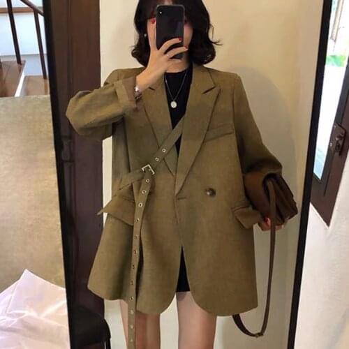 Chic Korean Style Blazer Women Notched Long Sleeve Bandage Suit Jacket Plus Size Spring Autumn blazer feminino