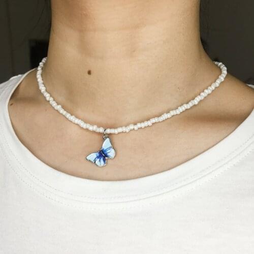 2021 Butterfly Pendant Women Choker Necklace Fashion 3MM White Glass Beads Strand Bohemia Neck Jewelry For Women Girls Hotsale
