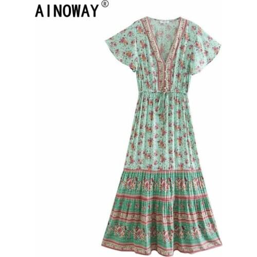 Boho women Floral print beach Bohemian maxi dresses Ladies V neck front botton rayon Boho pleated Sundress vestidos