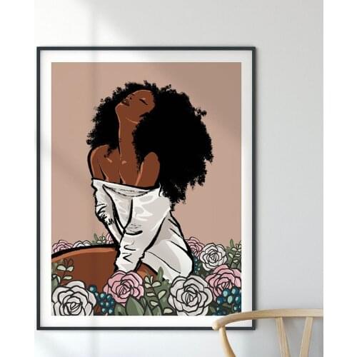 African American Art Abstract Woman With Flowers Afro Woman Black Girl Wall Art Canvas Painting Minimalist Posters Prints Home