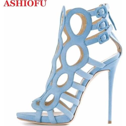 ASHIOFU Handmade Womens Stiletto Heel Sandals Hollow Style Party Summer Shoes Cut-out Peep-toe Evening Fashion Sandals Shoes