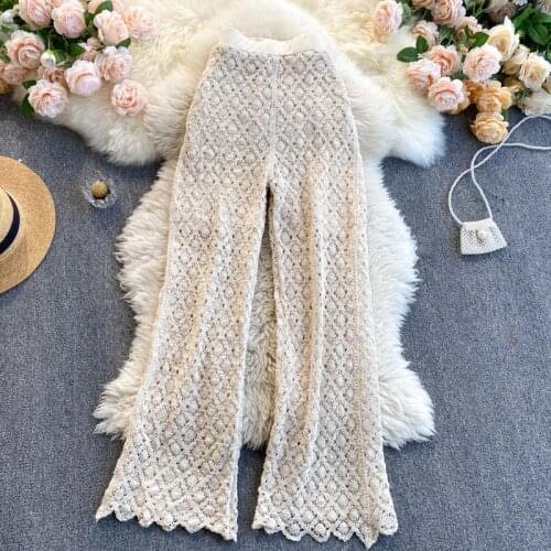 High Waist Chic Hollow-out Knitted Wide Leg Pants Women Casual Spring Summer Flare Trousers
