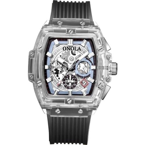 Transparent Tonneau Quartz Watches for Men Chronograph Sport Mens Watch Fashion Casual Waterproof Clock Men Relogio Masculino