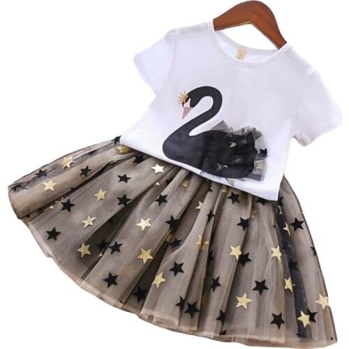 Children Girl Swan Design Clothing Set 2021 Summer New Childrens Short Sleeved T-shirt With Star Gauze Skirts 2 Sets