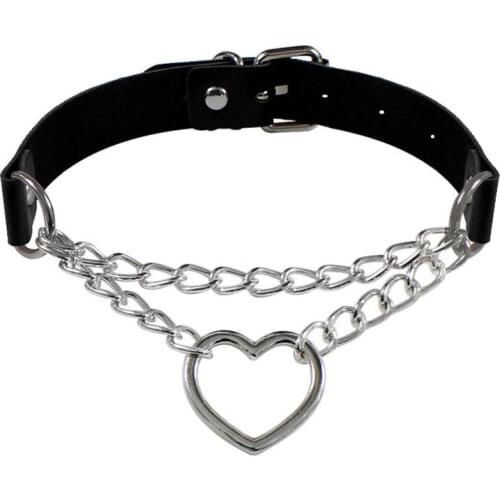 Gothic Punk Heart Round Stainless Steel Choker Necklace Chain Collar Punk Women Black Pu Leather Pendant Necklace Buckle Jewelry