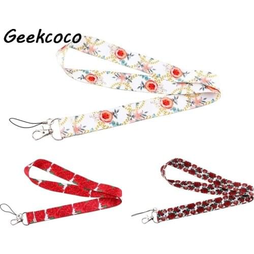 J2545 Cartoon Rose Flower Keychain Phone Lanyard Fashion Strap Neck Lanyards ID Card Holder Keys Kids Gift