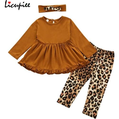 Girls Long-sleeved and Trousers Suit Solid Color Ruffles T-shirt Leopard Elastic Long Pants and Headband 0-4 Years