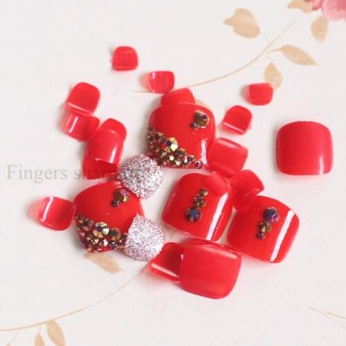 2020 24pcs best selling handmade toe fake nail crystal diamond candy full drill red #N46