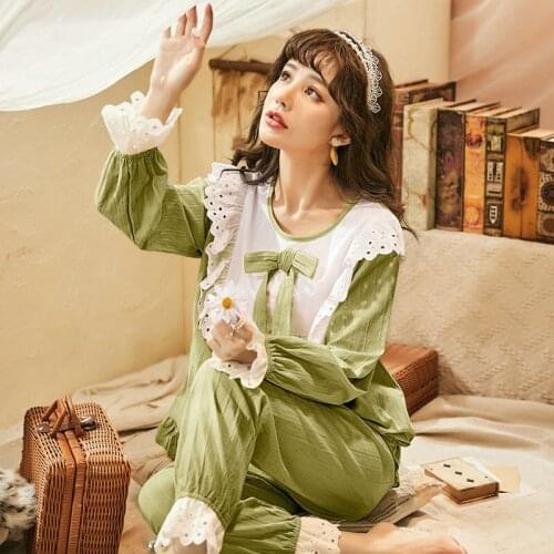 Young Ladies Sweet Lace Cotton Pajamas Princess Big Bow Cute Long Sleepwear Shirt and Panties Suit Housewear Clothing