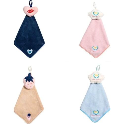 68UE Coral Velvet Hanging Hand Towel Cartoon Cleaning Cloth Thick Absorbent Washcloth