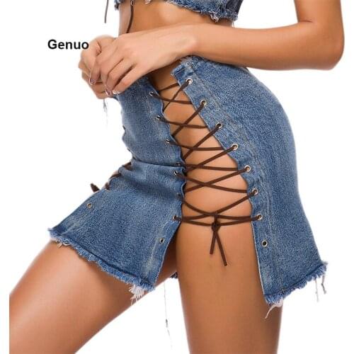 Fashion Girl Denim Short Skirt Nightclub Womens Sexy High Waist Hip Skirt Hollow Lace A-Line Skirt
