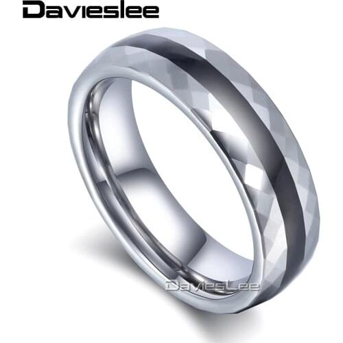 Davieslee Mens Boys Stripe Faceted Band Ring Tungsten Carbide Wedding Engagement Black Silver Color 6mm LTR03