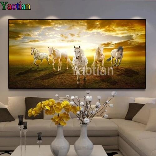 DIY Square round Diamond Painting Five Running White Horse Sunset landscape Diamond Embroidery Complete Kit Christmas Decor