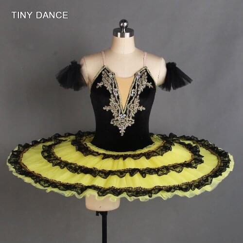 Highly Professional Ballet Tutu Dance Costume 3-layers Tiered Pancake Tutu Skirt with Black and Gold Lace Edging BLL408