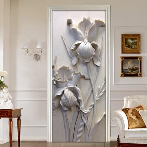 Self-adhesive Removable Door Sticker Wall Decals 3D Stereoscopic Grey Flowers PVC Waterproof Door Mural Art Vinyl Wallpaper Roll