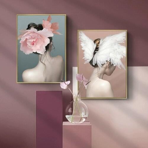 Nordic Flower Angel Wings Headdress Girl Wall Art Canvas Painting Posters And Prints Pictures Bedroom Modern Home Decoration