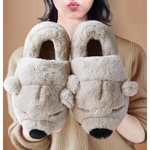 2021 Lovely Cartoon Bear Warm Plush Non-slip Women Slippers Winter Slides Home Bedroom Mute Flat Footwear Couples Cotton Shoes