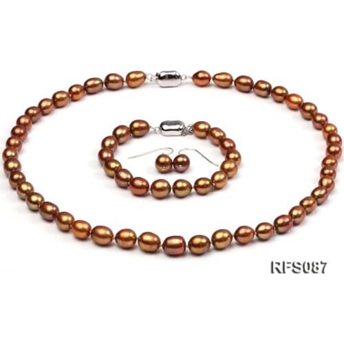 Unique Pearls jewellery Stone Real Pearl Jewellery Set Top Quality 7-8mm Brown Rice Freshwater Pearl Necklace Bracelet Earring