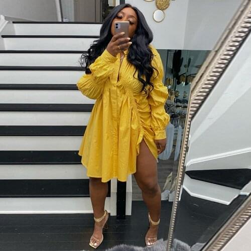 Women Solid Draped Irregular Shirt Blouse Dress Autumn Puff Long Sleeve Side Split Pleated Dresses Simple Buttons Up Mini Robe