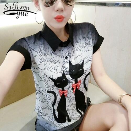 Short Sleeve Summer Tops Blouses Cat Print Turn-down Collar Chiffon Blouse Women Casual Loose Women Shirt Tops Blusas New 4563