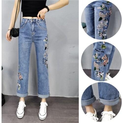 Ethnic Style Embroidered Straight Jeans for Women Fashion 2021 Spring New Cotton Elastic High Waist Loose Cigarette Denim Pants