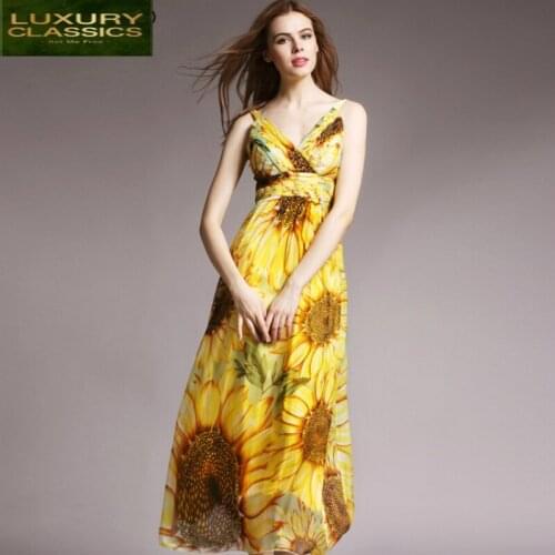 Dress Real Silk Women Beach Long Summer Dress Sexy Dresses Party Vestidos Print Sunflower Sleeveless Dresses 2021 LWL1527