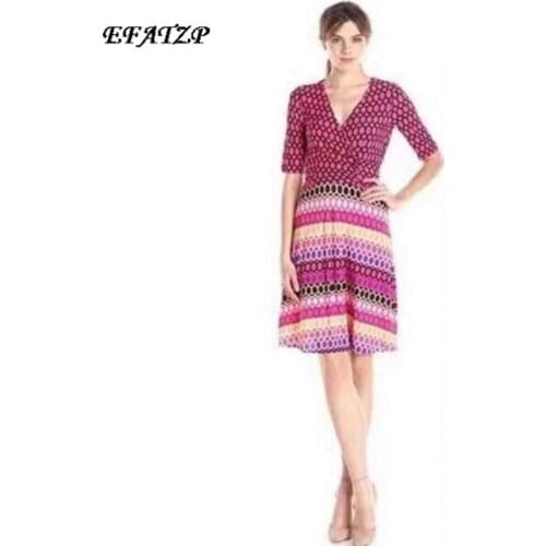 New Arrival 2016 autumn Elastic Dress Fashion Ladies' size XXL Multi-color Geometry Print Half sleeve Elegant Stretch Day Dress