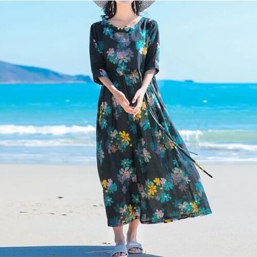 2021 New big black flower lace castor dress summer big size loose-fitting dress Straight Bohemian Cotton O-Neck vestidos