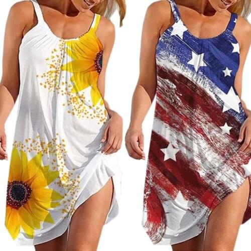 Women Sleeveless Halter Flowy Sunflower American Flag Print Beach Tank Dress