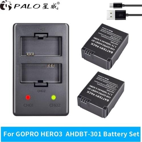 2pcs 1600mAh AHDBT-301 AHDBT-302 Rechargeable Battery + LED USB Charger for AHDBT 301 302 Gopro Hero 3 Hero 3+ Go Pro Hero 3