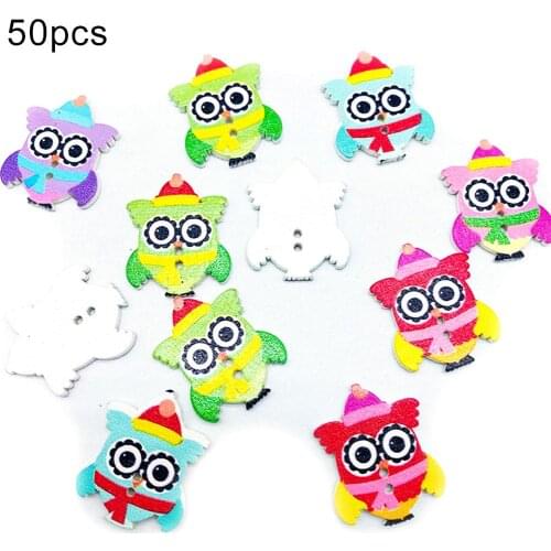 50Pcs Wood Button DIY Scrapbooking Cartoon Owl with Christmas Hat Sewing Decor Buttons