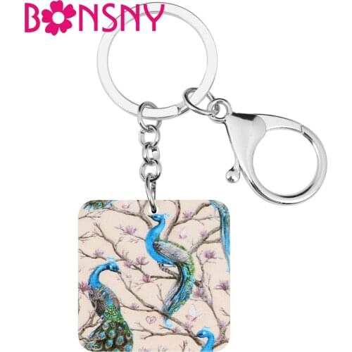 Bonsny Acrylic Square Tree Peafowl Peacock Keychains Wild Bird Animal Keyring Jewelry For Women Girls Vintage Bag Car Decoration