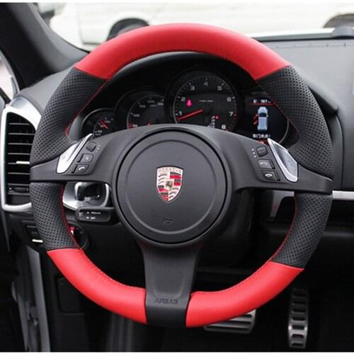Red & Black Hole Leather Red Thread Steering Wheel Hand Sewing Wrap Cover Fit For Porsche Cayenne / Panamera 2010-2011