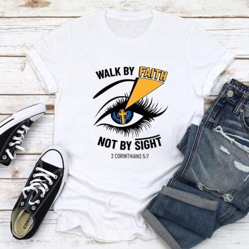Colored Walk By Faith Not By Sight T-shirt Catholic Christian Bible Tee Top Funny Women Graphic Jesus Tshirt
