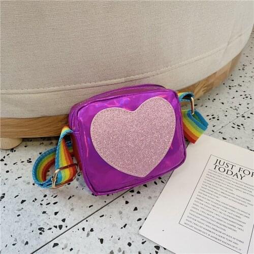 Korean Kids Princess Rainbow Shoulder Belt Mini PU Bag Fashionable Love Baby Laser Small Square Bag Messenger Girls