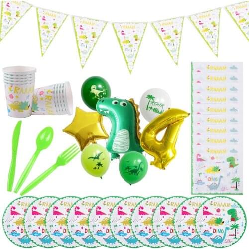 Dinosaur Tableware Disposable Plate Cup Tablecloth Party Jungle Animal Children Happy Birthday Banner Balloon Decoration