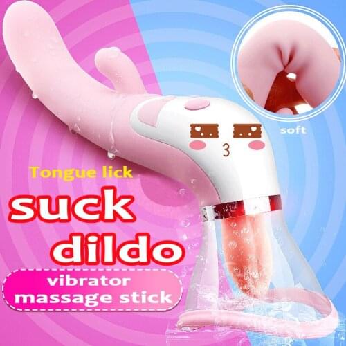 Dildo vibrator stick+tongue+sucker female g spot stimulation heating stick vagina insert suck clitoris massager adult sex toys
