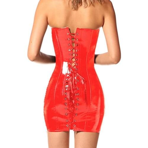 Gothic Womens Sexy Wetlook Pvc Faux Leather Corset Long Corsets Body Catsuits Overbust Dress Latex Black Red Slim Bustiers H7N9