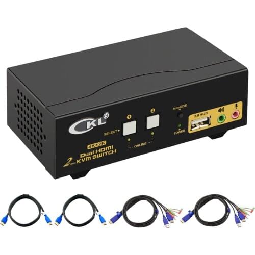 HDMI KVM Switch 2 Port Dual Monitor Extended Display, CKL USB KVM Switch HDMI with Audio + 2 HDMI Output 4K@30Hz, PC Monitor Key