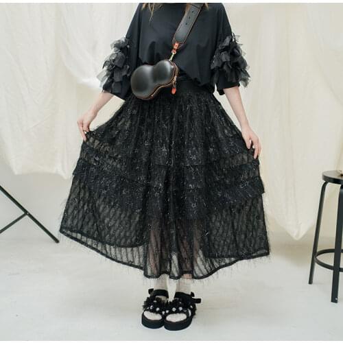 Imakokoni black bright silk fringed skirt original design wild simple skirt female summer 203010