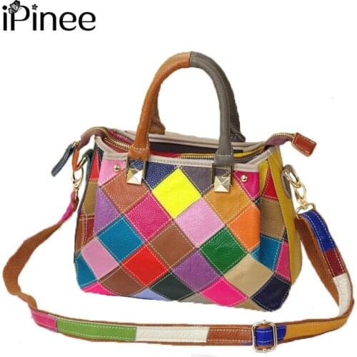 IPinee New Fashion Cow Leather Shoulder Bag Ladies Casual Handbags Elegant Style Colorful Block Plaid Design Women Bags
