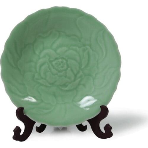 Exquisite Chinese Traditional Handicraft Green Glaze Porcelain Plate, with Peony Flower Design