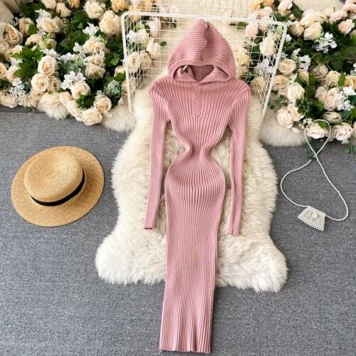 Korean version new knitted hooded dress 2021 autumn winter new long-sleeved stretch slim slimming sexy hip dress trend s503