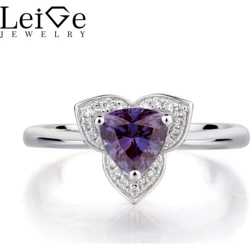 Leige Jewelry Lab Alexandrite Promise Rings 925 Sterling Silver Ring June Birthstone Trillion Cut Color Changing Gemstone Ring