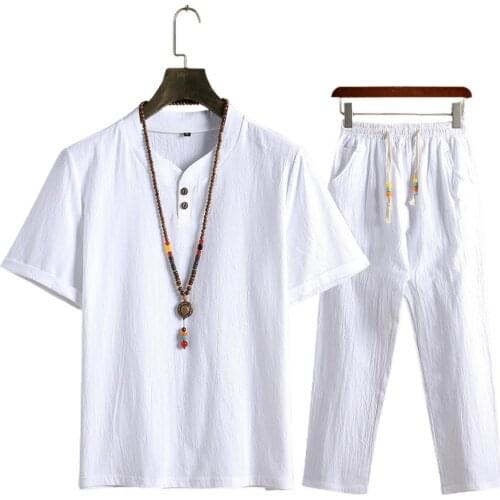 Men Suits Short Sleeve Long Pant Solid Color Casual Outfit Chinoiserie Two Piece Shirt Drawstring Pants Set Clothing Set