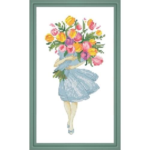 Girl holding flowers counted cross-stitch kit plant embroidery needlework 18ct 14ct 11ct white cloth DIY handmade